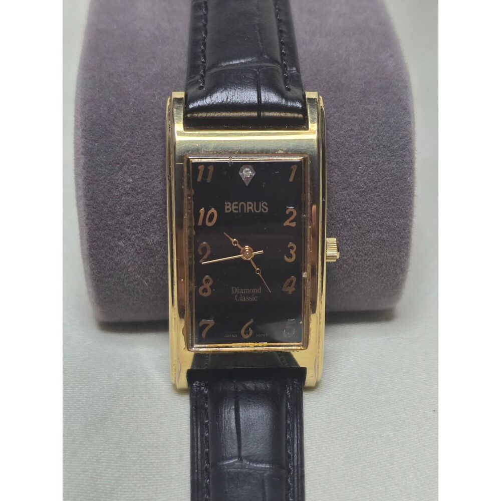 Vintage Benrus Diamond Classic Tank Watch Gold Tone Black Dial